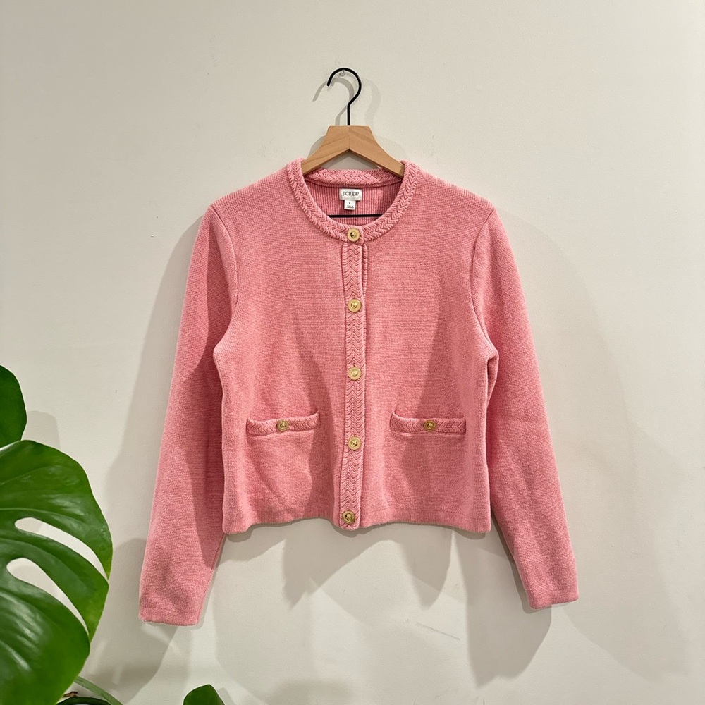 J.CREW 100% COTTON LADY JACKET CARDIGAN SWEATER PINK AND GOLD BUTTONS SIZE L